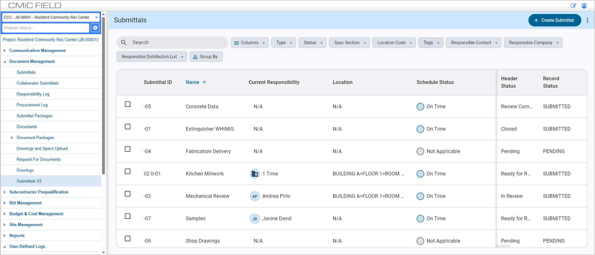Screenshot of Submittals V2 Log.