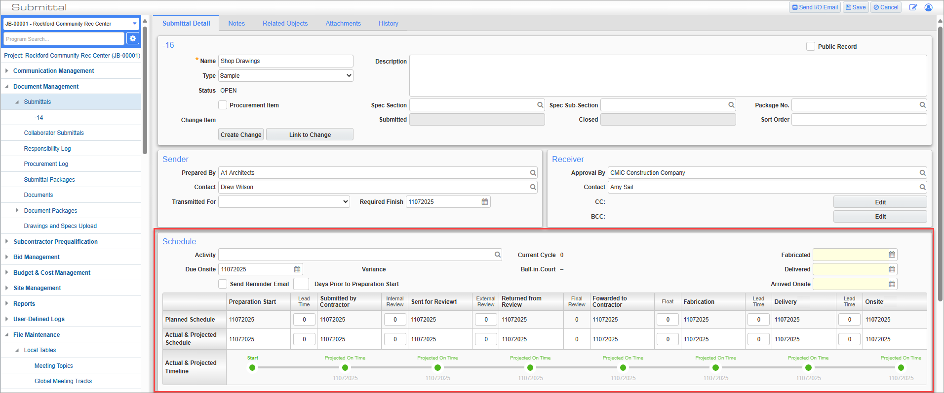 Screenshot of Submittal with Schedule section highlighted.