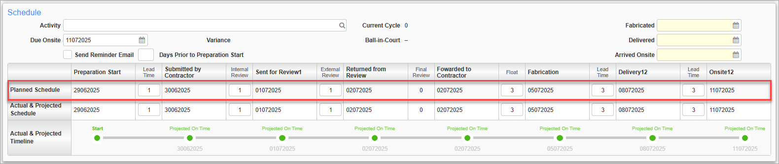 Screenshot of Schedule section.