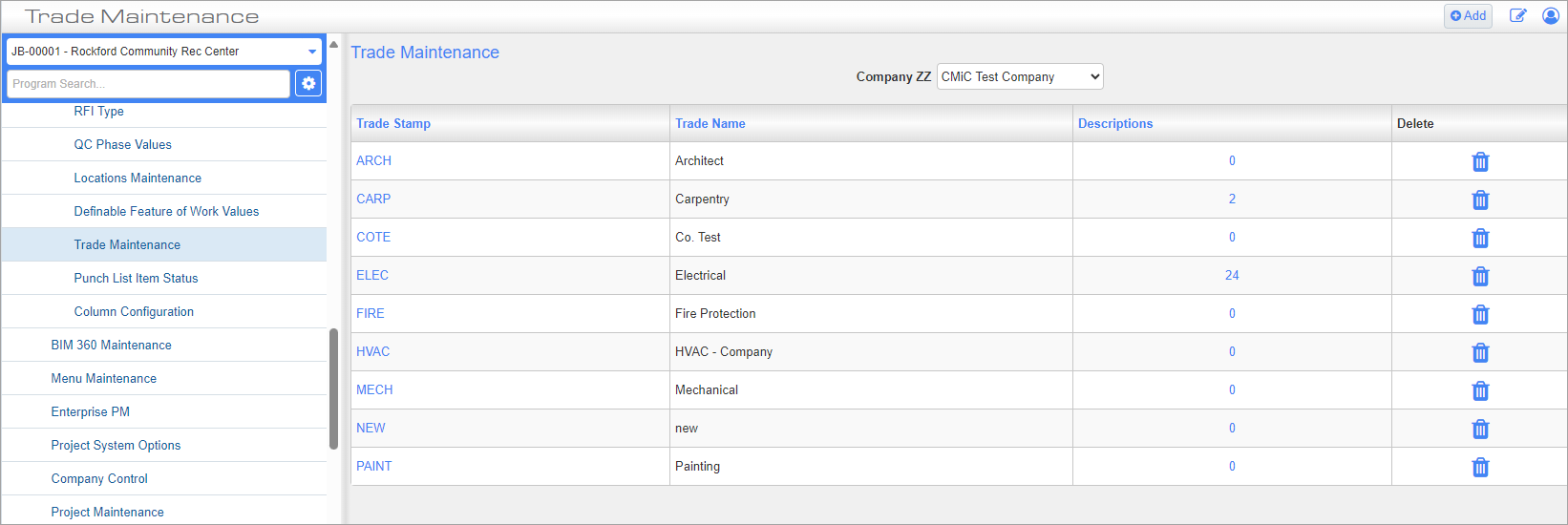 Screenshot of Trade Maintenance.