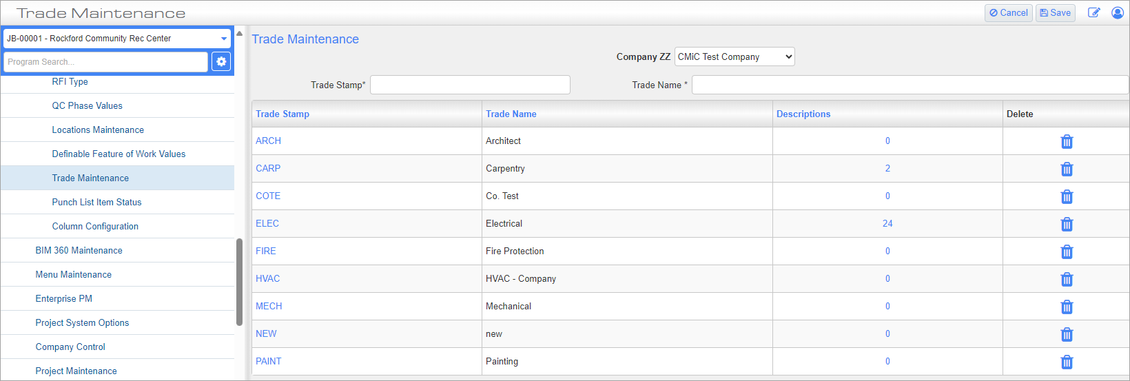 Screenshot of Trade Maintenance.