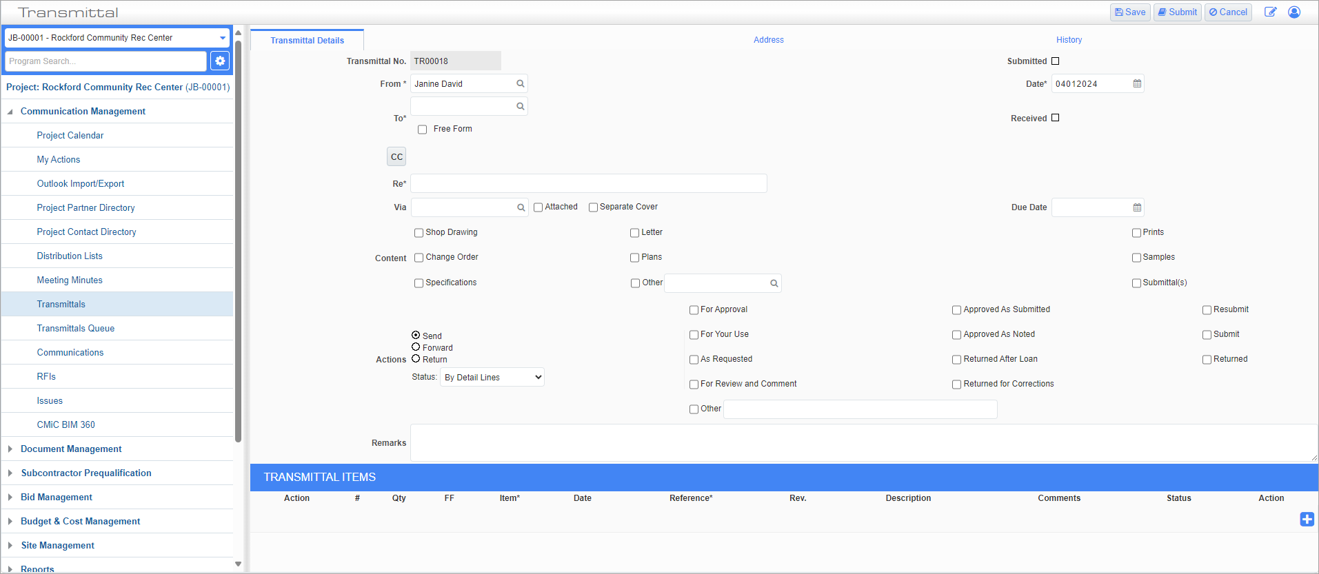 Screenshot of Transmittal Details tab