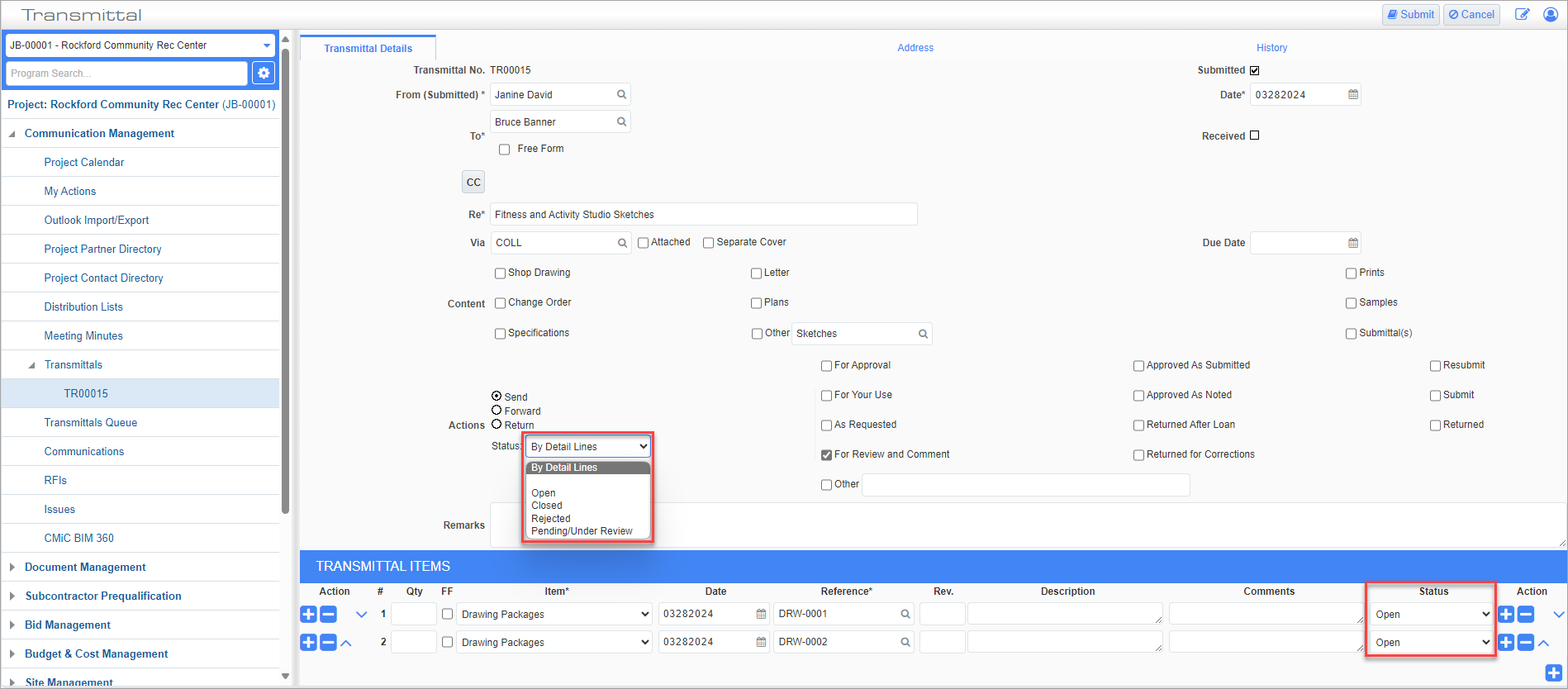 Screenshot of Transmittal Details