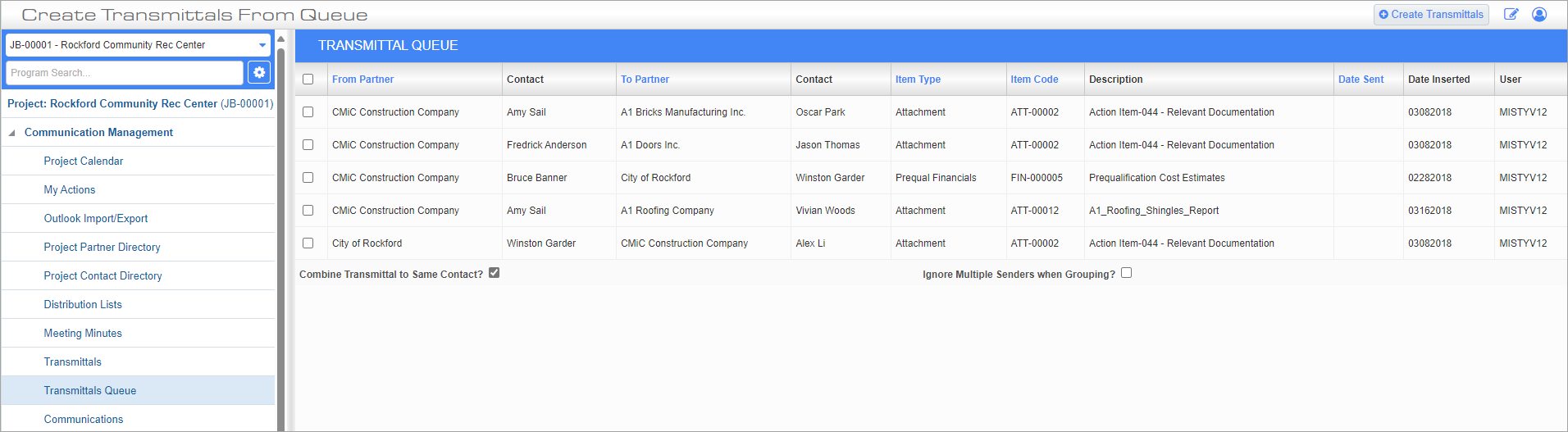 Screenshot of Transmittal Queue