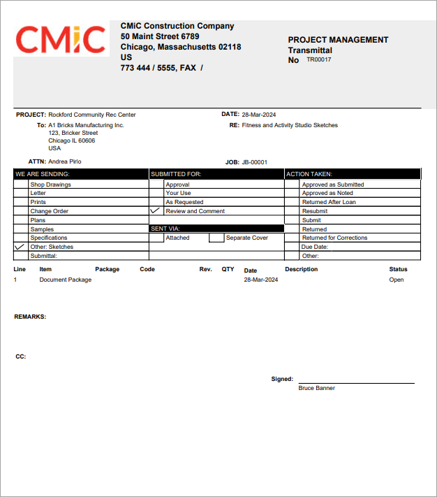 Sample of printed Transmittal Report