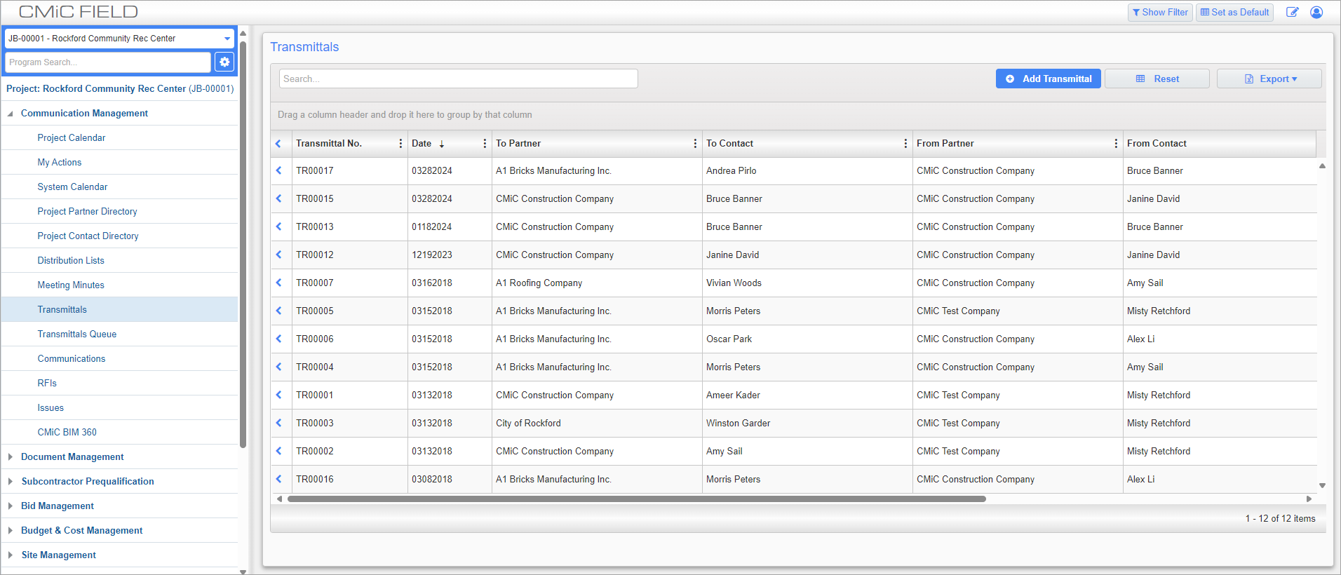 Screenshot of Transmittals