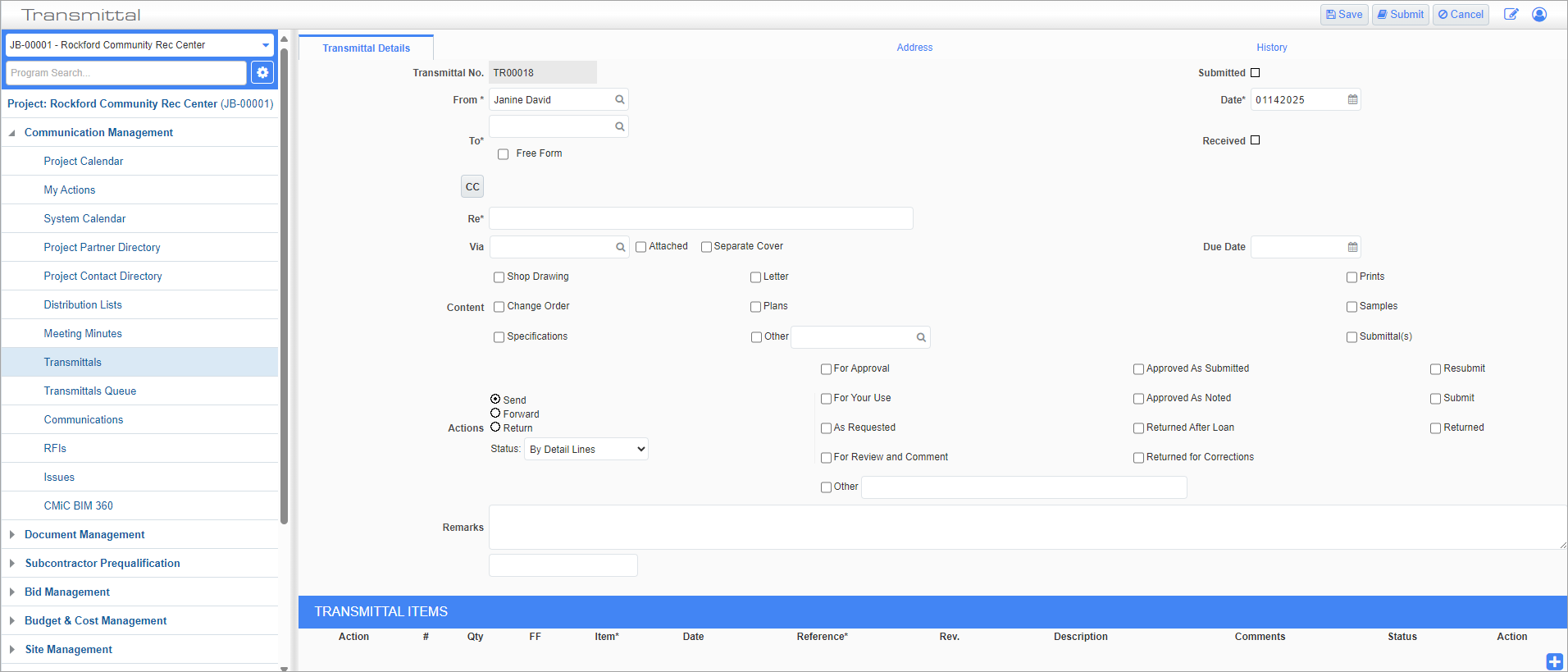 Screenshot of Transmittals - Detail tab