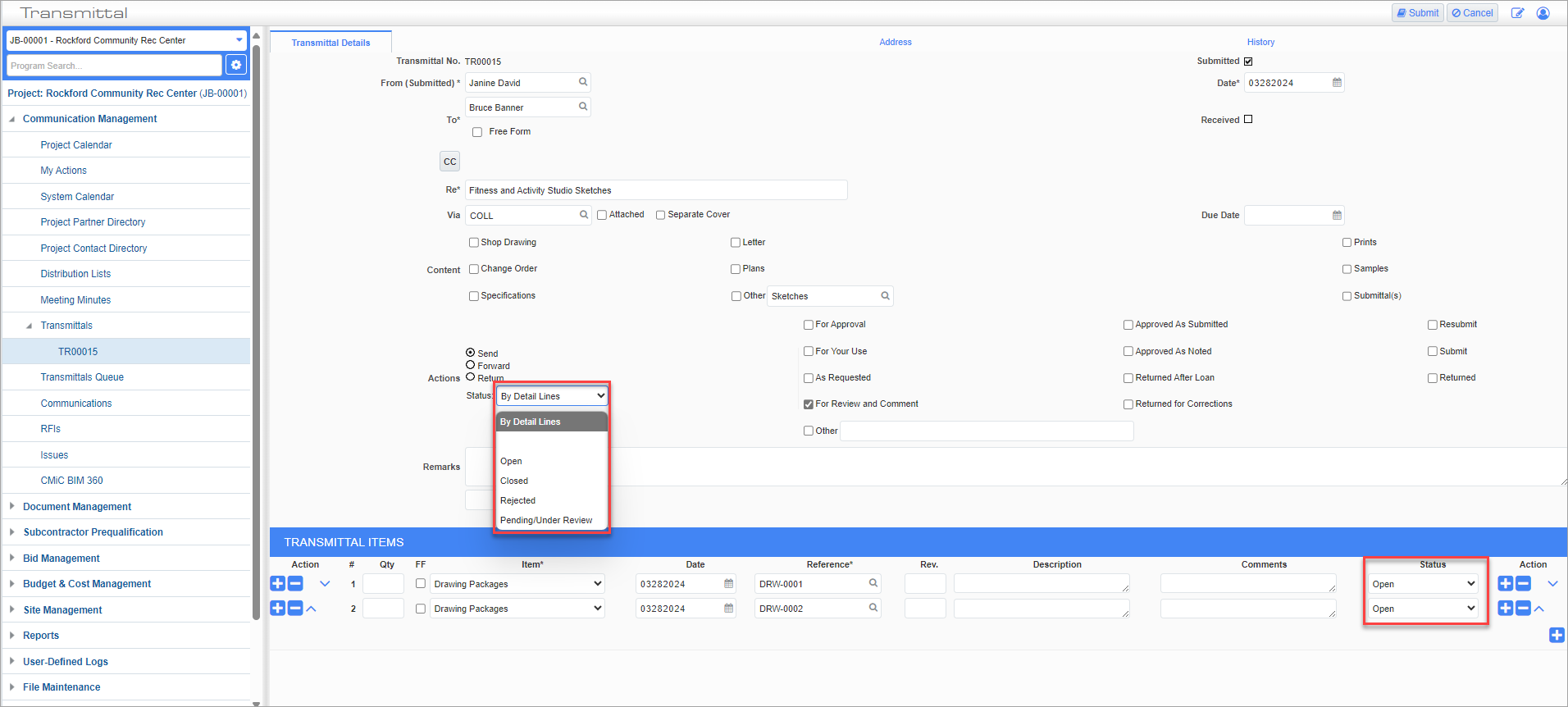 Screenshot of Transmittal Detail tab with Status fields highlighted.