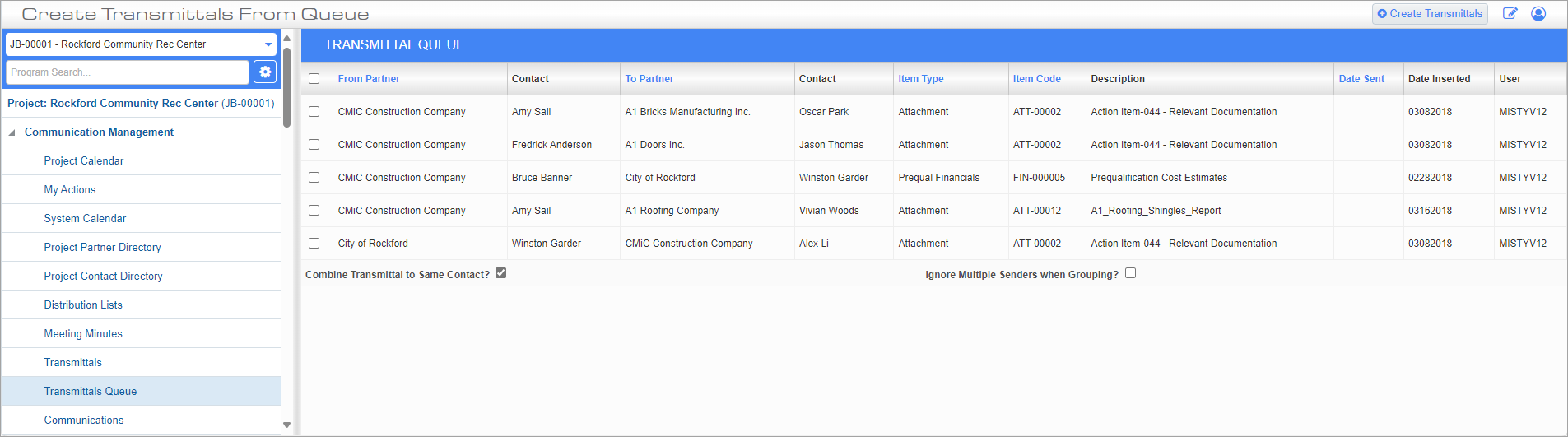 Screenshot of Transmittal Queue.