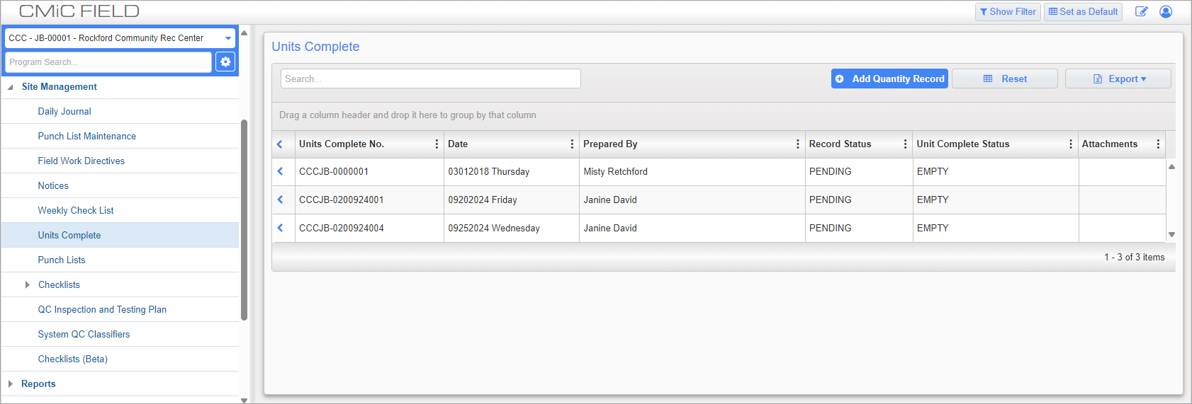 Screenshot of Units Complete log 