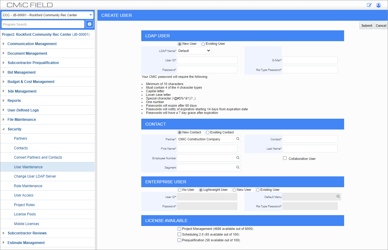 Screenshot of User Maintenance Create User