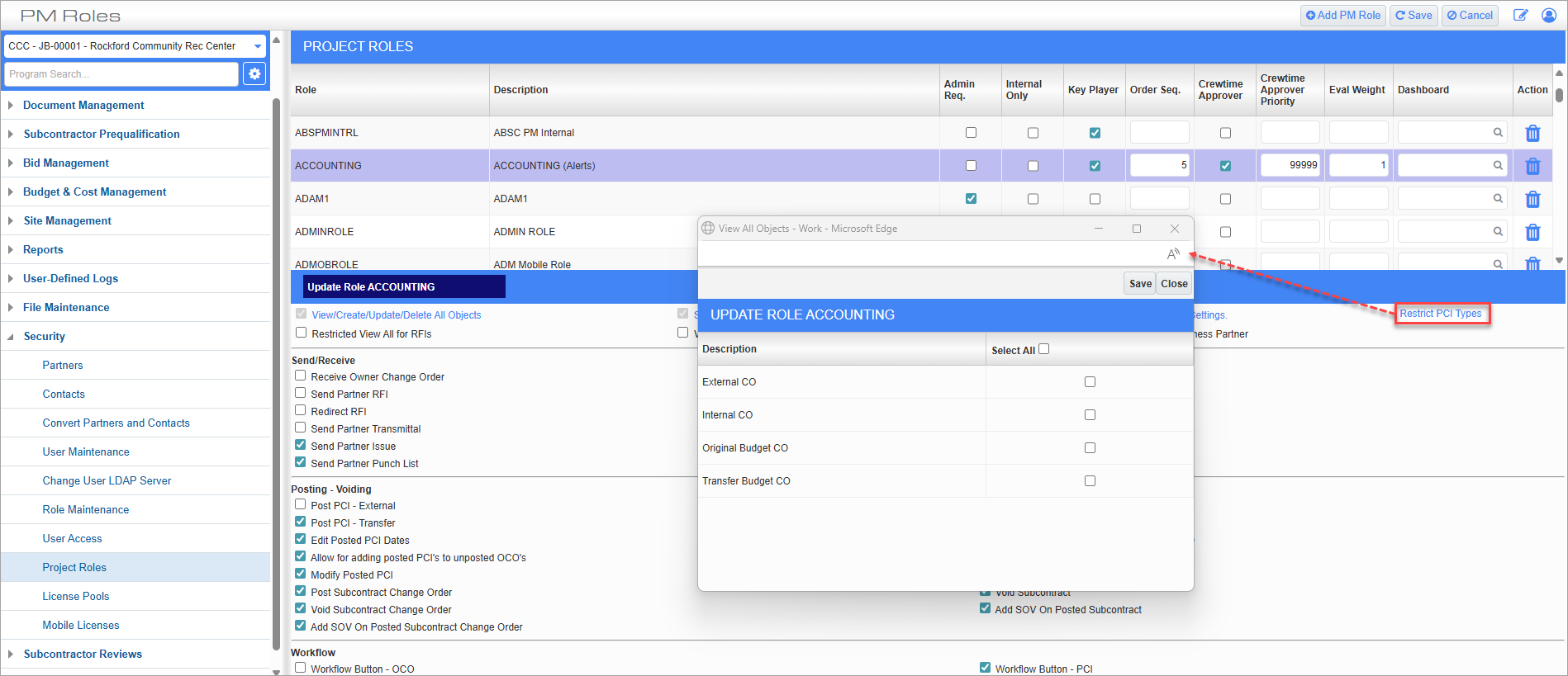 Screenshot of Restrict PCI Types pop-up launched from link.