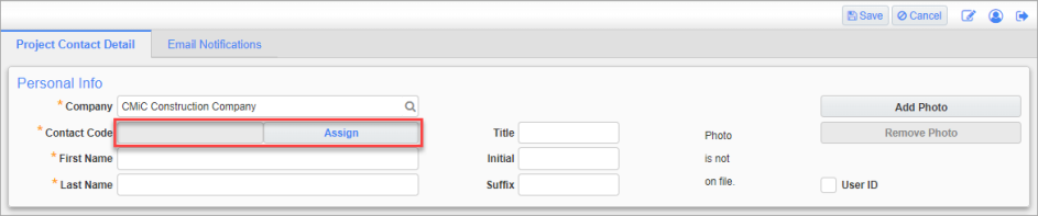 Screenshot of Contact Maintenance screen with Contact Code field with [Assign] button highlighted.