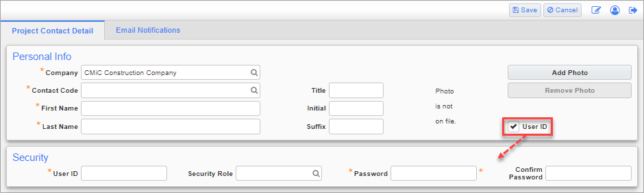 Screenshot of Project Contact screen with User ID box checked and Security section being displayed.