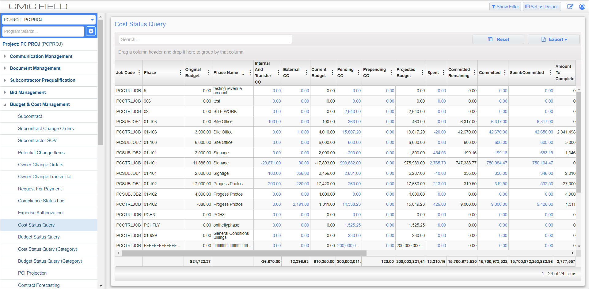 Screenshot of Cost Status Query