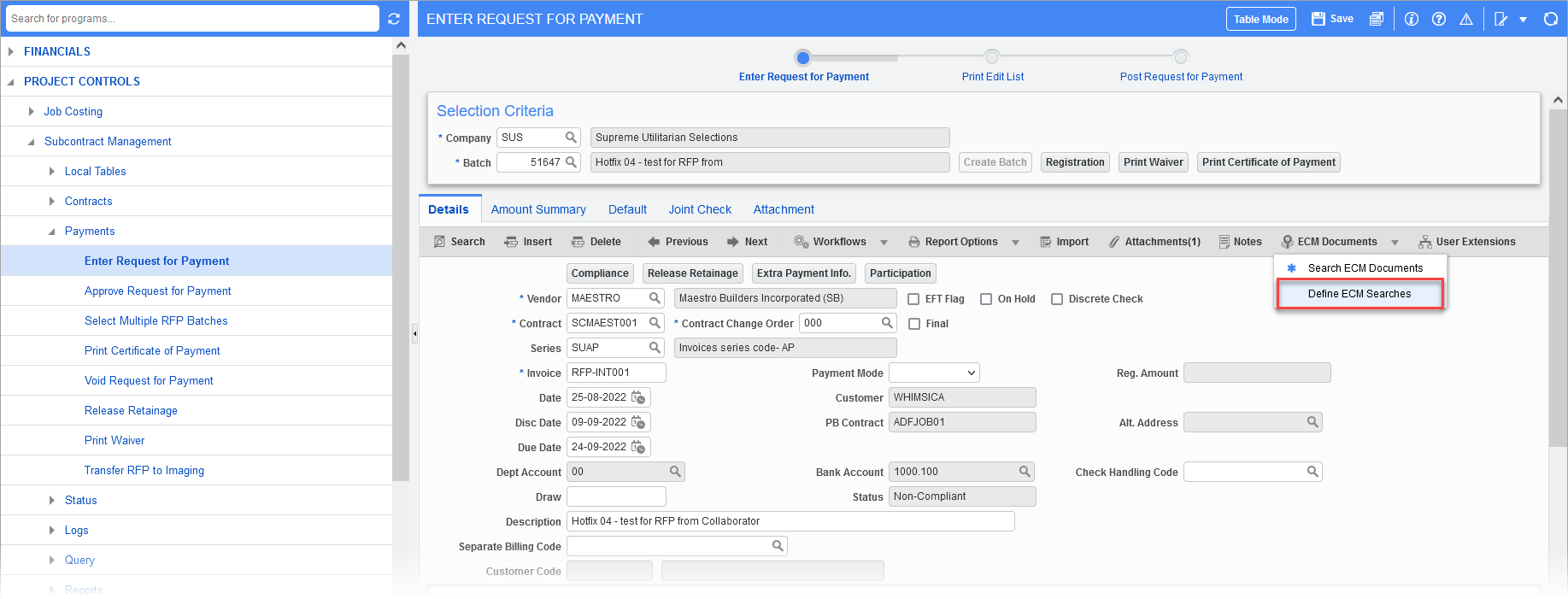 Screenshot of ECM Documents drop-down