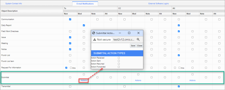 Screenshot of Submittal Action Types pop-up