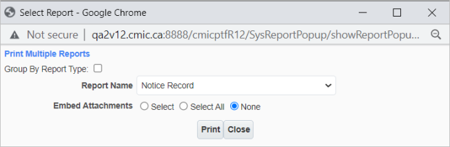 Screenshot of Select Report screen launched from [Print Report] button