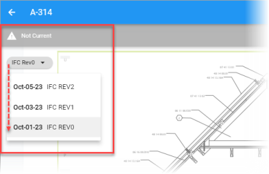Screenshot of Construct PM app's drawing sheet showing Revision Selector drop-down.