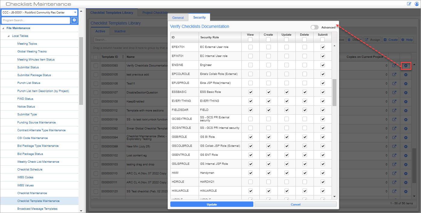 Screenshot of Checklist Template Maintenance