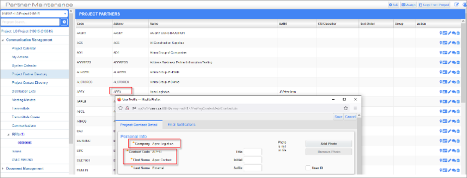 Screenshot of Project Partner record for external partner.