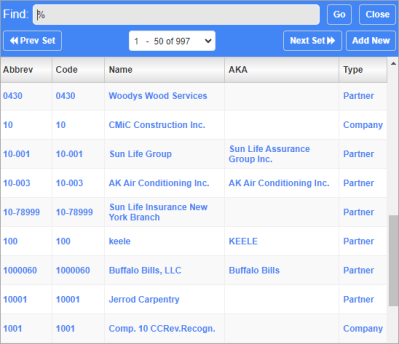 Screenshot of Company field's pop-up window.