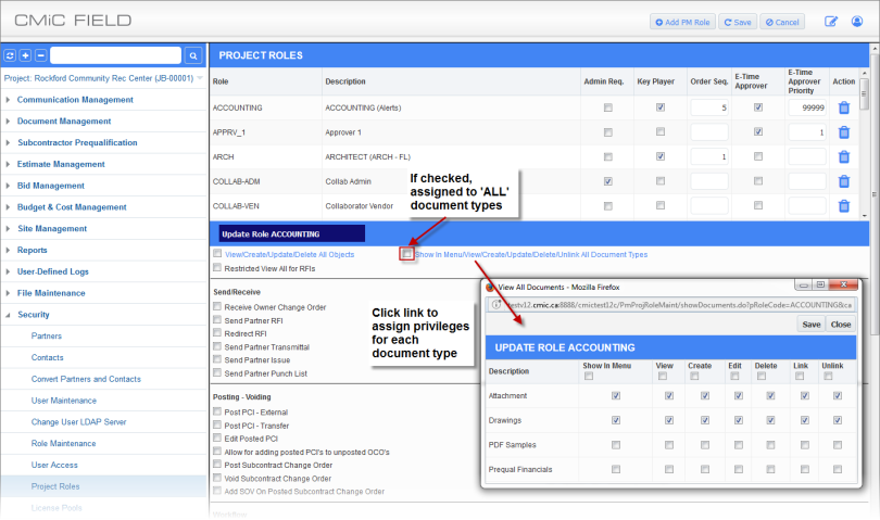 Screenshot of Show in Menu/View/Create/Update/Delete/Unlink All Document Types pop-up