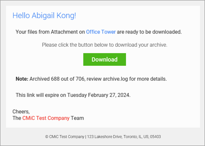 Screenshot of email showing link to download shared documents.