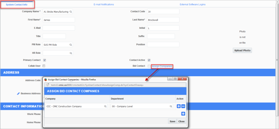 Screenshot of System Contact screen with pop-up being launched from Assigned Companies link.