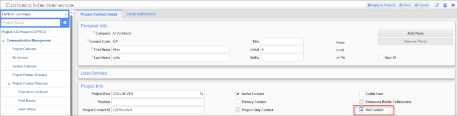 Screenshot of Project Contact with 'Bid Contact' box enabled.