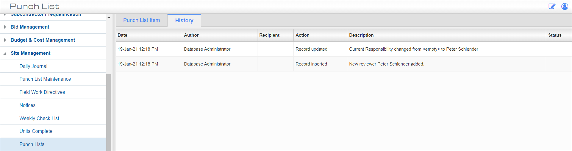 Screenshot of Punchlist Items – [Create New] button - History tab