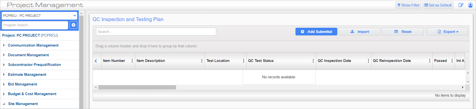 Screenshot of QC Inspection and Testing Plan