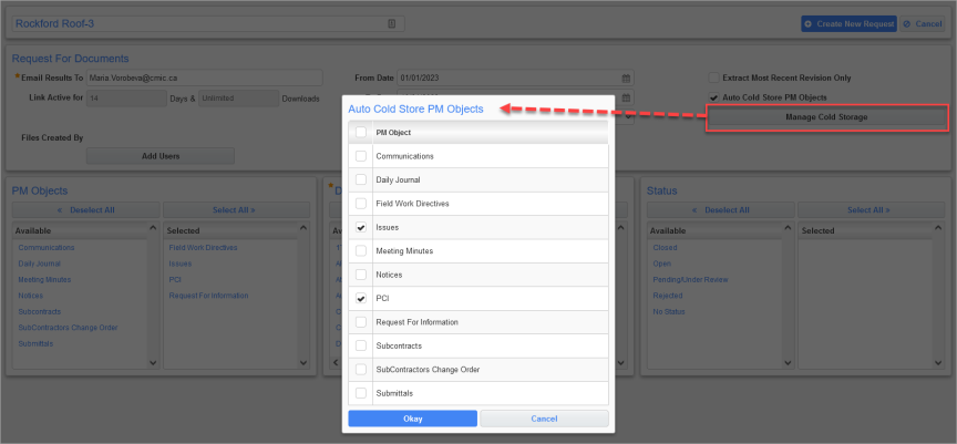 Pop-up launched from [Manage Cold Storage] button