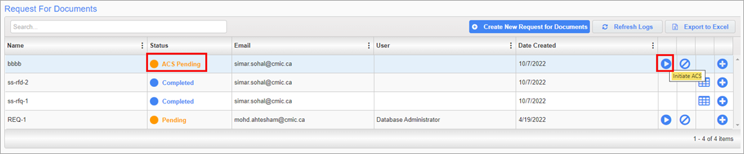 Screenshot of Request for Documents with ACS  pending status