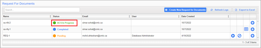 Screenshot of Request for Documents with ACS  in progress status