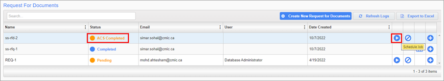Screenshot of Request for Documents with ACS  completed status