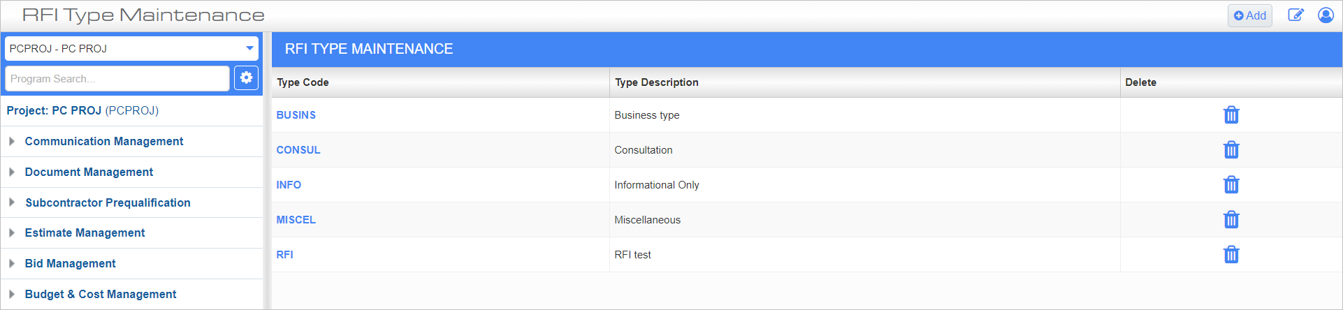Screenshot of RFI Type Maintenance.