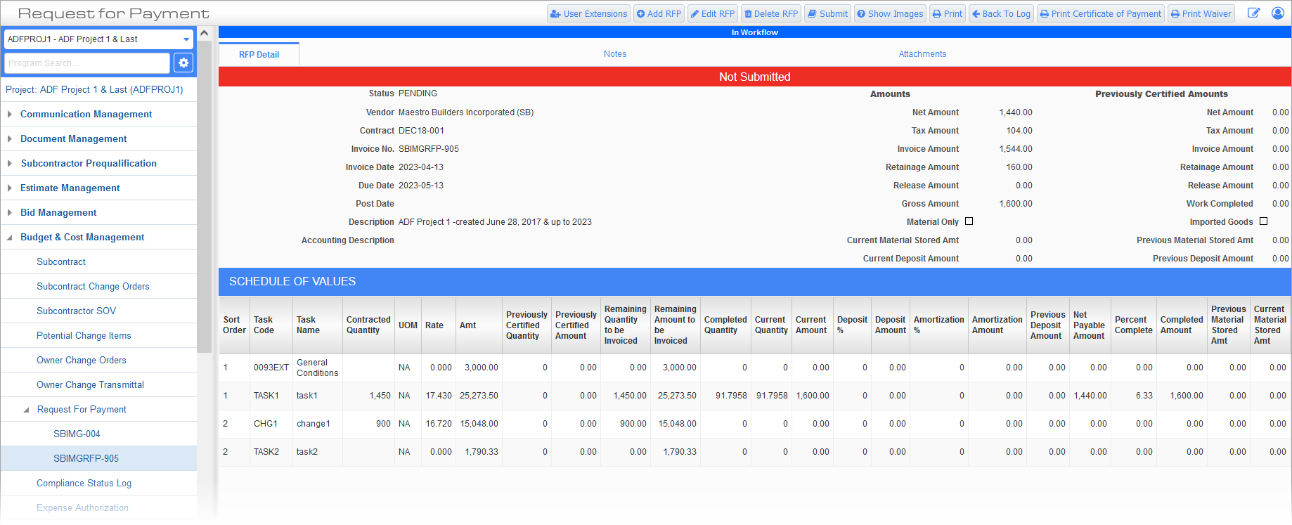 Screenshot of RFP in Workflow