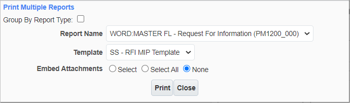 The Print Report pop-up as launched from the RFI screen