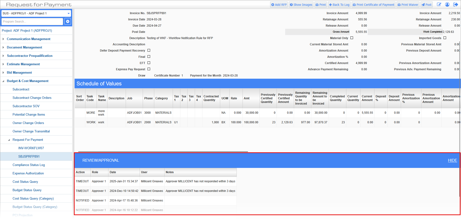 Sample of the Review/Approval section of the Request For Payment screen