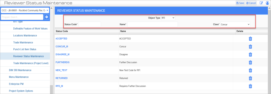 Screenshot of Reviewer Status Maintenance.