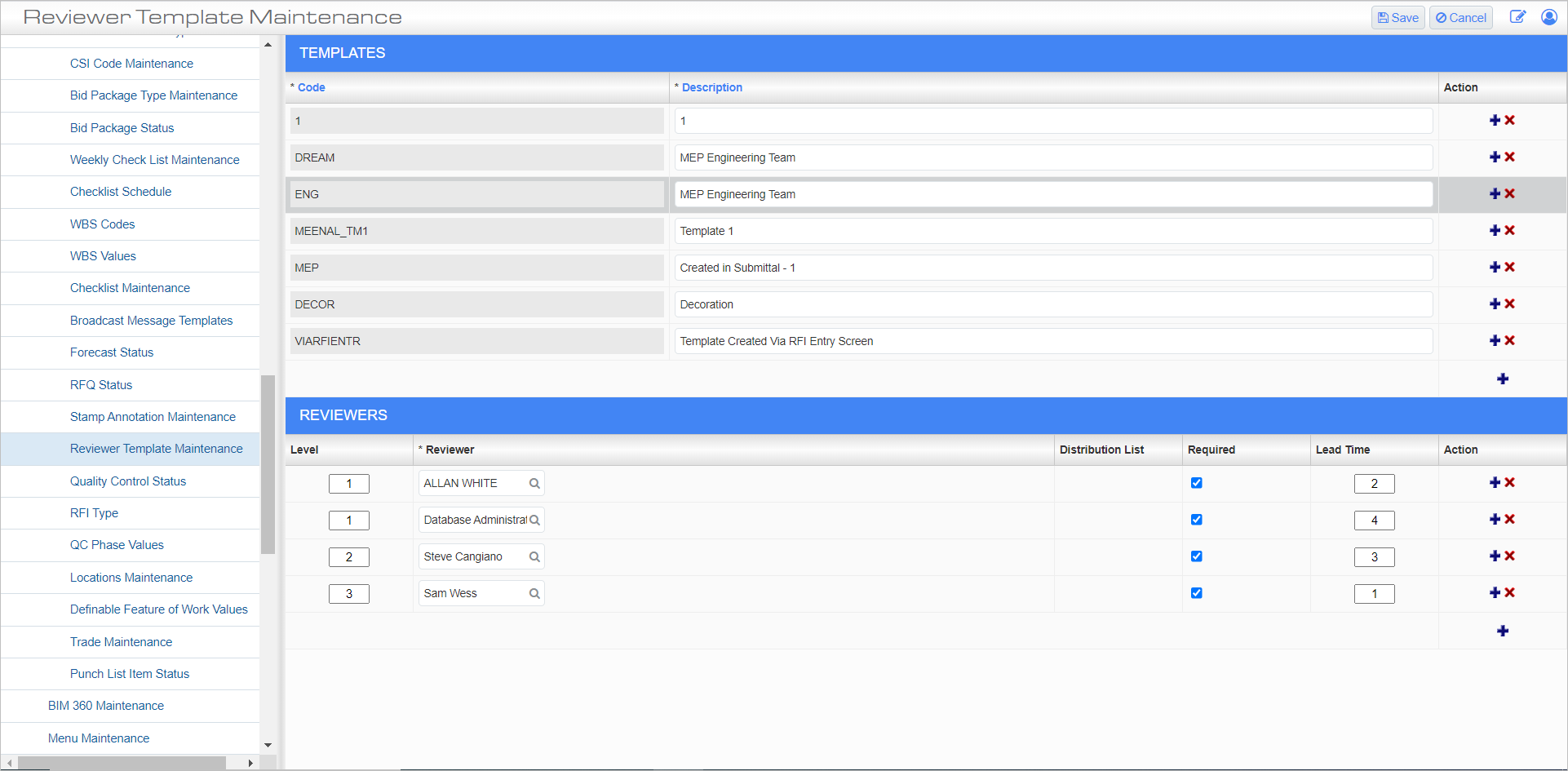 Screenshot of Reviewer Template Maintenance.