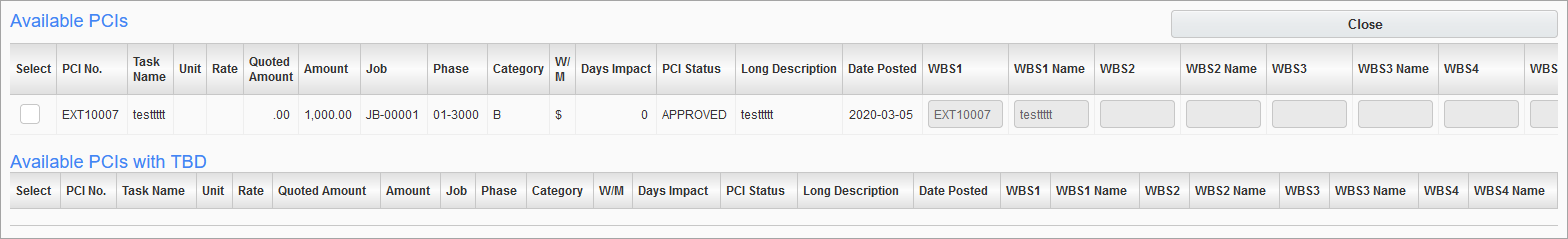 Sample of the Available PCIs pop-up window after clicking the [Add PCIs] button