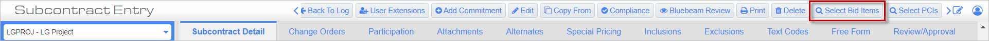 Screenshot of Subcontract Entry with Select Bid Items button highlighted