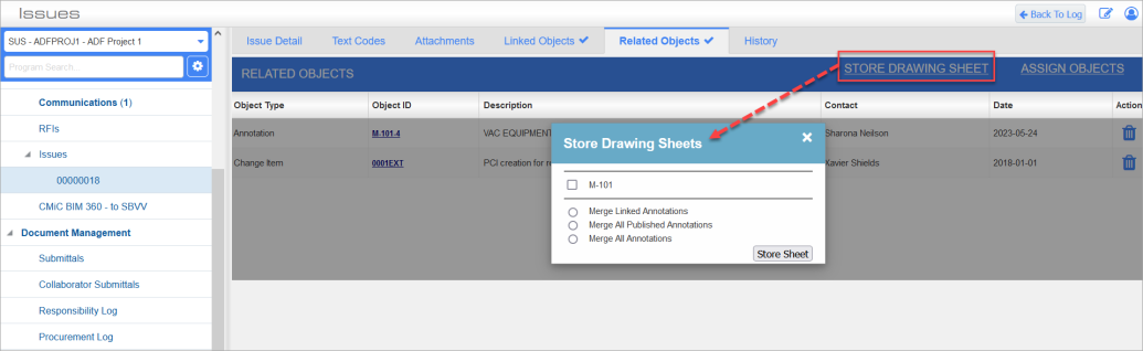 Screenshot of STore Drawing Sheets pop-up launched from link.