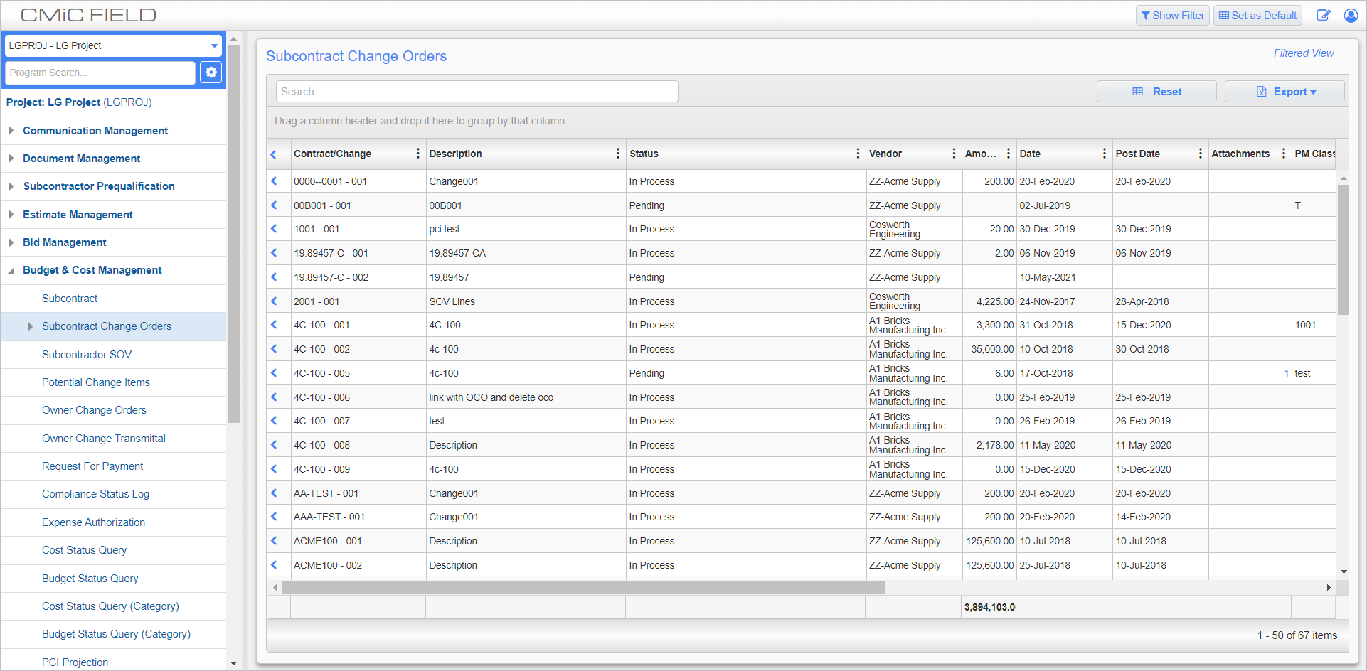 Screenshot of Subcontract Change Orders