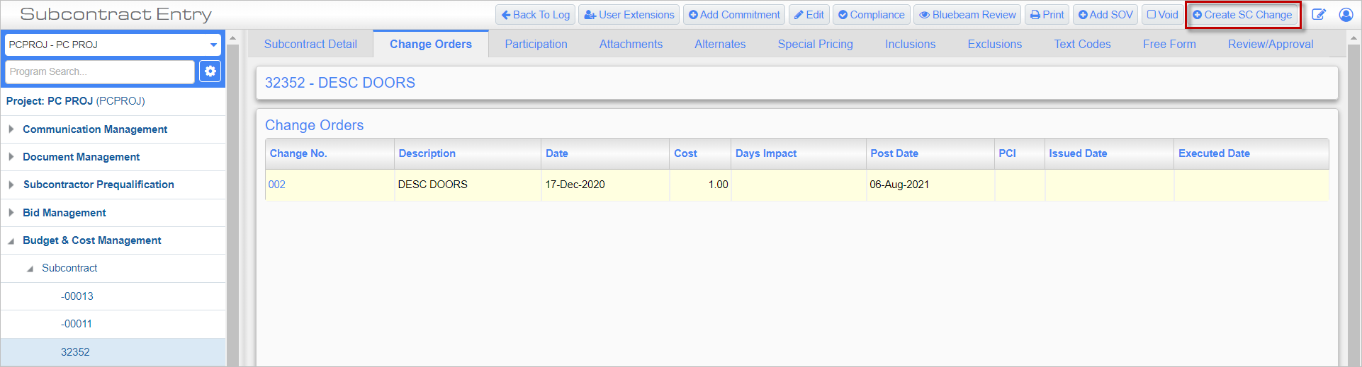 Screenshot of Subcontracts Change Orders tab