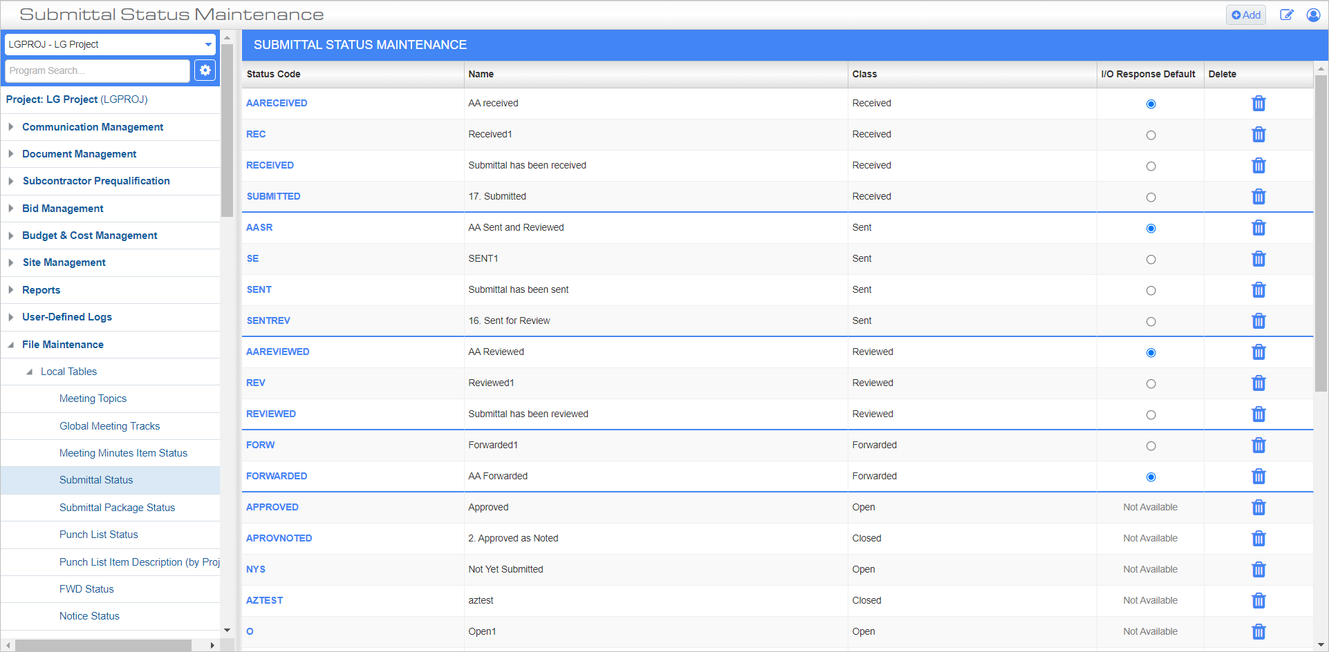 Screenshot of Submittal Status Maintenance.