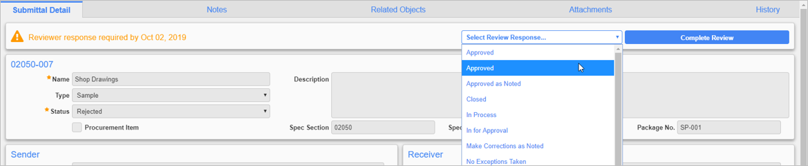 Screenhot of Sumittal Detail tab with Select Review Repsonse field highlighted.