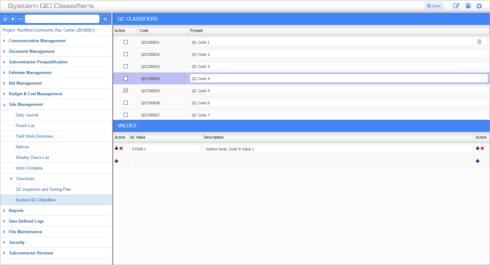 Screenshot of System QC Classifiers.